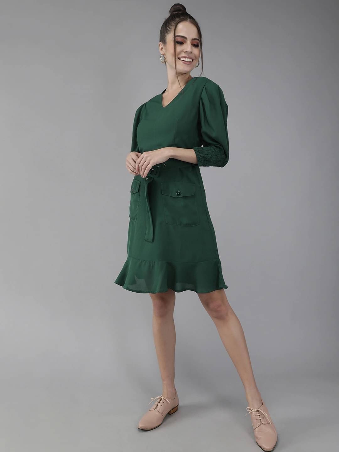 Rare Women Crepe A-line Dress ( Green )     			Rare Women Crepe A-line Dress ( Green )
