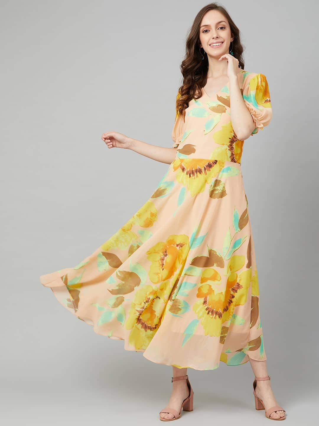 Rare Women Georgette Fit & Flare Dress ( Yellow )
