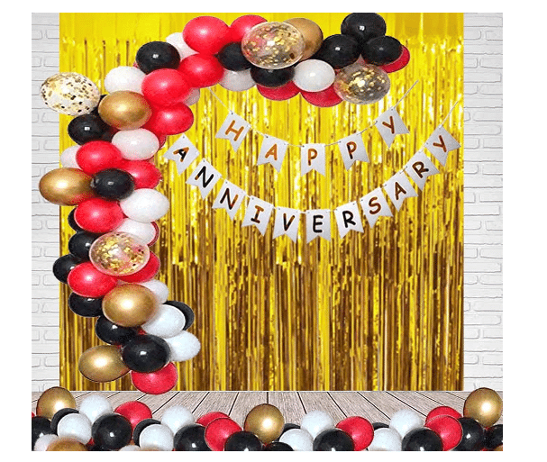 Blooms Event 1 Pcs Happy Anniversary Banner (White) + 2 Pcs Curtain Foil (Gold) + 5 Pcs Pre Filled Confetti Balloons (Gold) + 40 Pcs HD Metallic Balloons (Red/Black/White & Gold) with Ribbon included. Blooms Event 1 Pcs Happy Anniversary Banner (White) + 2 Pcs Curtain Foil (Gold) + 5 Pcs Pre Filled Confetti Balloons (Gold) + 40 Pcs HD Metallic Balloons (Red/Black/White & Gold) with Ribbon included.