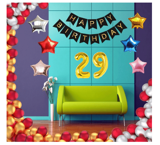     			Blooms Event 1 Set Happy Birthday Banner     Black Color ,  1 Gold ,1 Silver ,1 Red ,1 Royal Blue ,1 Pink & 1 Rose Gold Star shape Foil Balloons, 30 HD Metallic Gold , Silver & Red Balloons ,29  No. Foil Number Silver