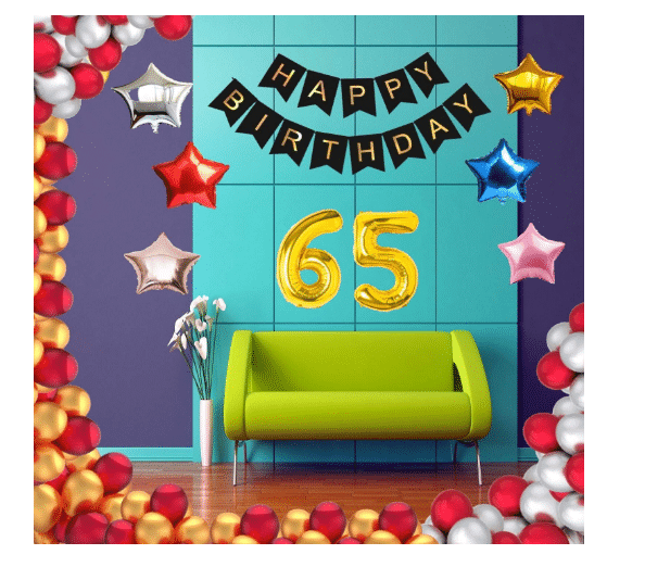     			Blooms Event 1 Set Happy Birthday Banner     Black Color ,  1 Gold ,1 Silver ,1 Red ,1 Royal Blue ,1 Pink & 1 Rose Gold Star shape Foil Balloons, 30 HD Metallic Gold , Silver & Red Balloons ,65 No. Foil Number Silver