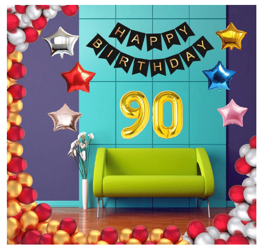     			Blooms Event 1 Set Happy Birthday Banner     Black Color ,  1 Gold ,1 Silver ,1 Red ,1 Royal Blue ,1 Pink & 1 Rose Gold Star shape Foil Balloons, 30 HD Metallic Gold , Silver & Red Balloons , 9 0 No. Foil Number Silver