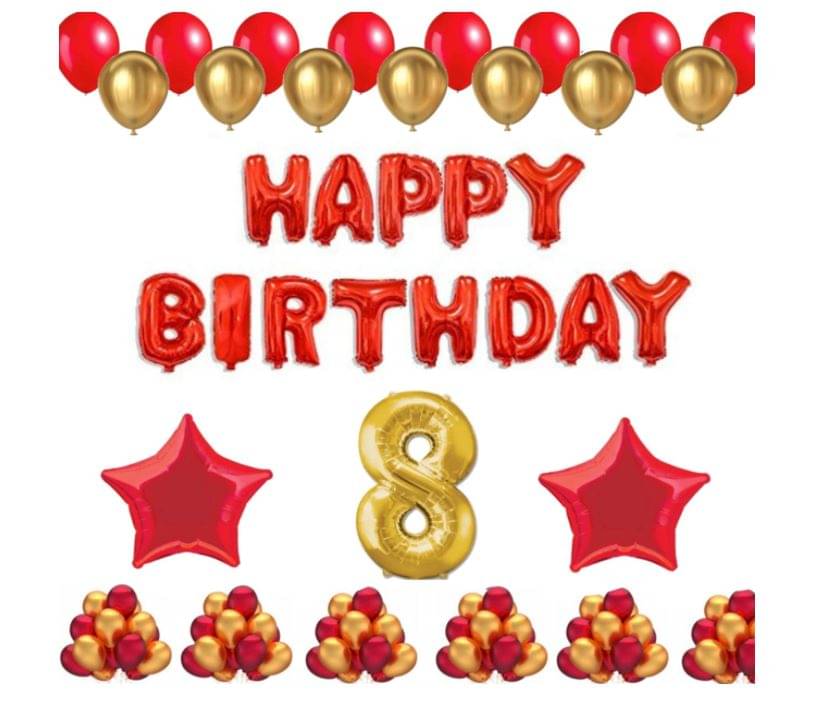 Blooms Event 1 Set Happy Birthday Foil Balloons (Red Color), 2 Pcs Red Foil Stars, 50 Pcs Metallic Balloons (Red & Golden),8 No. Foil Number Golden Blooms Event 1 Set Happy Birthday Foil Balloons (Red Color), 2 Pcs Red Foil Stars, 50 Pcs Metallic Balloons (Red & Golden),8 No. Foil Number Golden