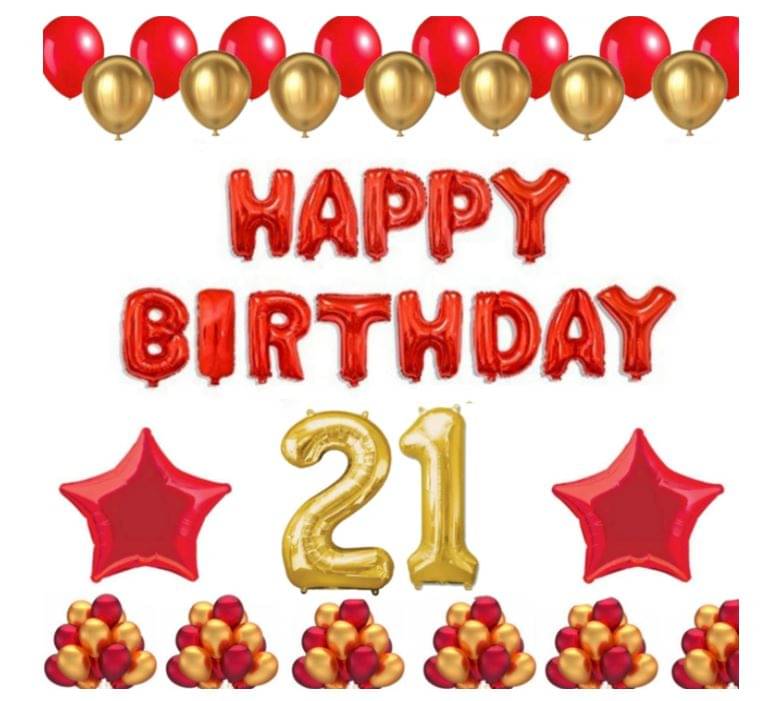 Blooms Event 1 Set Happy Birthday Foil Balloons (Red Color), 2 Pcs Red Foil Stars, 50 Pcs Metallic Balloons (Red & Golden),21 No. Foil Number Golden Blooms Event 1 Set Happy Birthday Foil Balloons (Red Color), 2 Pcs Red Foil Stars, 50 Pcs Metallic Balloons (Red & Golden),21 No. Foil Number Golden