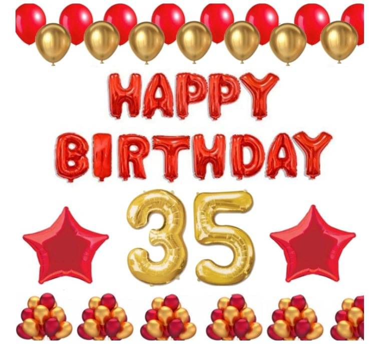 Blooms Event 1 Set Happy Birthday Foil Balloons (Red Color), 2 Pcs Red Foil Stars, 50 Pcs Metallic Balloons (Red & Golden),35 No. Foil Number Golden Blooms Event 1 Set Happy Birthday Foil Balloons (Red Color), 2 Pcs Red Foil Stars, 50 Pcs Metallic Balloons (Red & Golden),35 No. Foil Number Golden