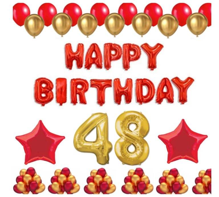 Blooms Event 1 Set Happy Birthday Foil Balloons (Red Color), 2 Pcs Red Foil Stars, 50 Pcs Metallic Balloons (Red & Golden) 48 No. Foil Number Golden     			Blooms Event 1 Set Happy Birthday Foil Balloons (Red Color), 2 Pcs Red Foil Stars, 50 Pcs Metallic Balloons (Red & Golden) 48 No. Foil Number Golden