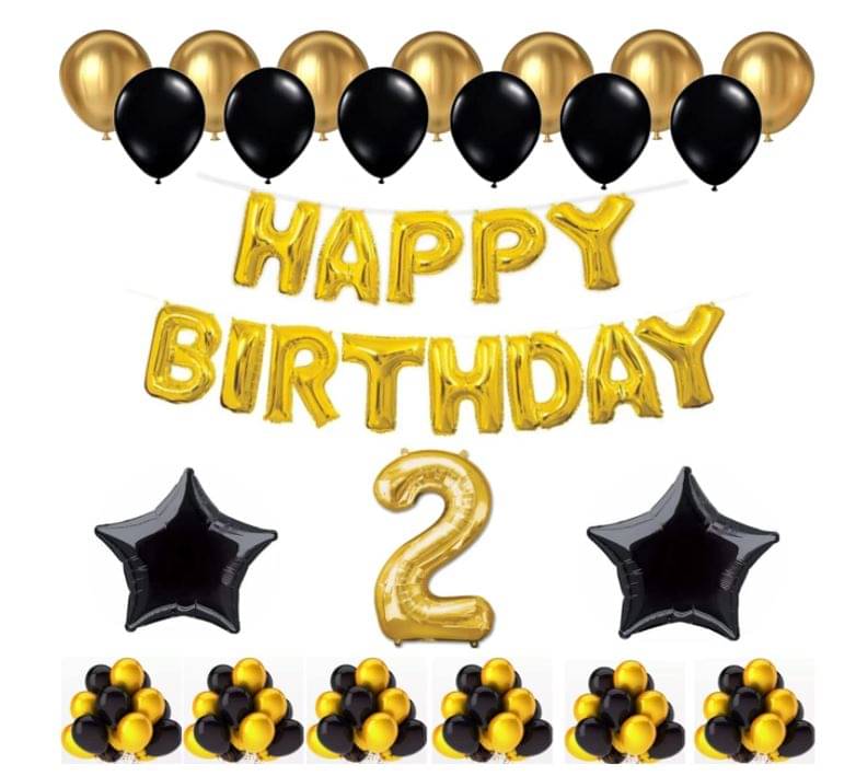     			Blooms Event 1 Set Happy Birthday Foil Balloons (Golden Color, 2 PcsBlack Foil Star , 50 Pcs Metallic Balloons   (Black & Golden),2 No. Foil Number Golden