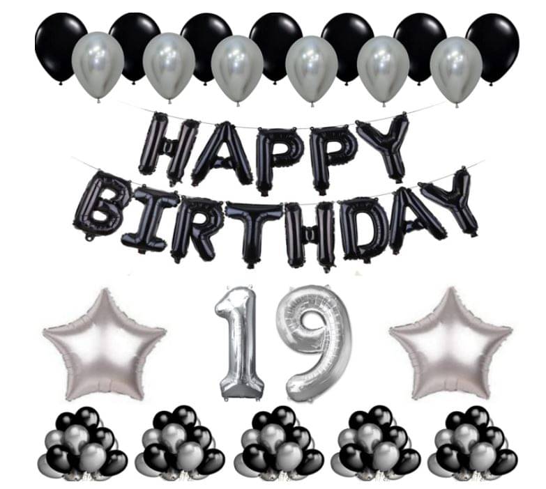     			Blooms Event 1 Set Happy Birthday Foil Balloons     Black Color , 2 Pcs silver  Foil Star , 50 Pcs Metallic Balloons   (Black &  Silver ), 19 No. Foil Number Silver