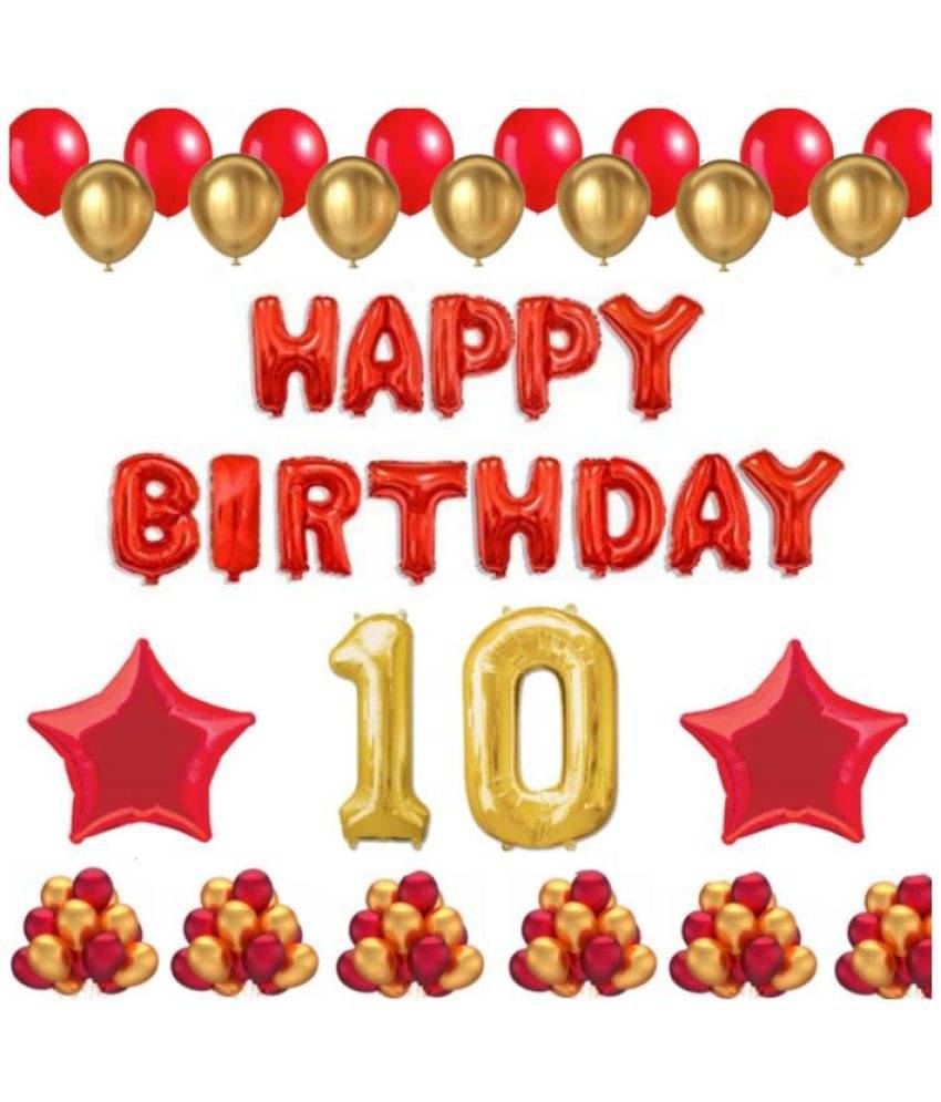     			Blooms Event 1 Set Happy Birthday Foil Balloons (Red Color), 2 Pcs Red Foil Stars, 50 Pcs Metallic Balloons (Red & Golden),10 No. Foil Number Golden