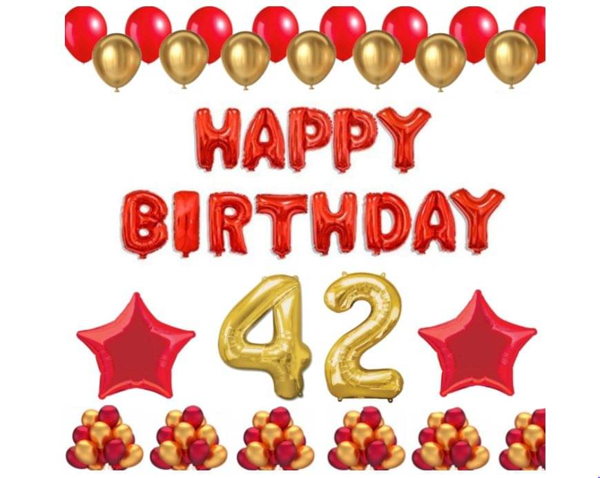     			Blooms Event 1 Set Happy Birthday Foil Balloons (Red Color), 2 Pcs Red Foil Stars, 50 Pcs Metallic Balloons (Red & Golden),42 No. Foil Number Golden