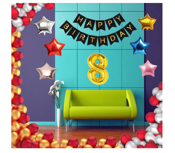     			Blooms Event 1 Set Happy Birthday Banner     Black Color ,  1 Gold ,1 Silver ,1 Red ,1 Royal Blue ,1 Pink & 1 Rose Gold Star shape Foil Balloons, 30 HD Metallic Gold , Silver & Red Balloons ,8 No. Foil Number Silver