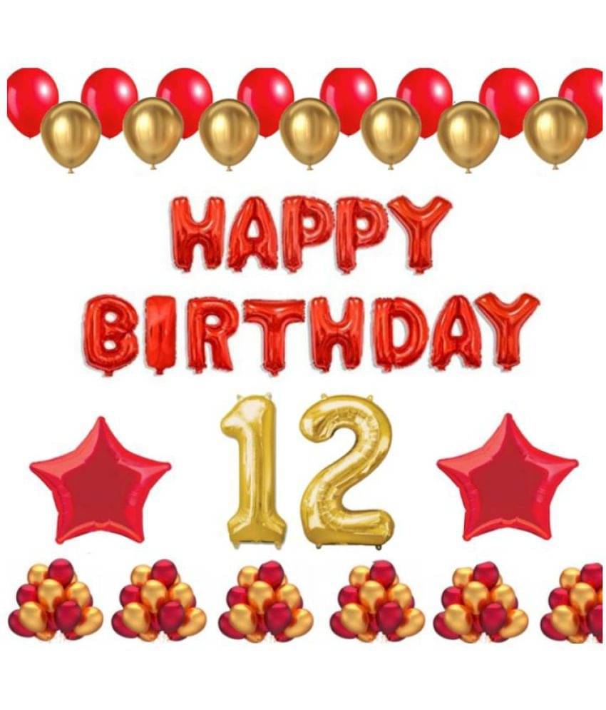 Blooms Event 1 Set Happy Birthday Foil Balloons (Red Color), 2 Pcs Red Foil Stars, 50 Pcs Metallic Balloons (Red & Golden),12 No. Foil Number Golden Blooms Event 1 Set Happy Birthday Foil Balloons (Red Color), 2 Pcs Red Foil Stars, 50 Pcs Metallic Balloons (Red & Golden),12 No. Foil Number Golden