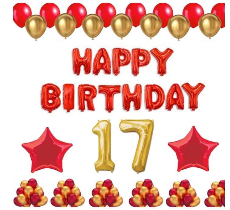     			Blooms Event 1 Set Happy Birthday Foil Balloons (Red Color), 2 Pcs Red Foil Stars, 50 Pcs Metallic Balloons (Red & Golden), 17 No. Foil Number Golden