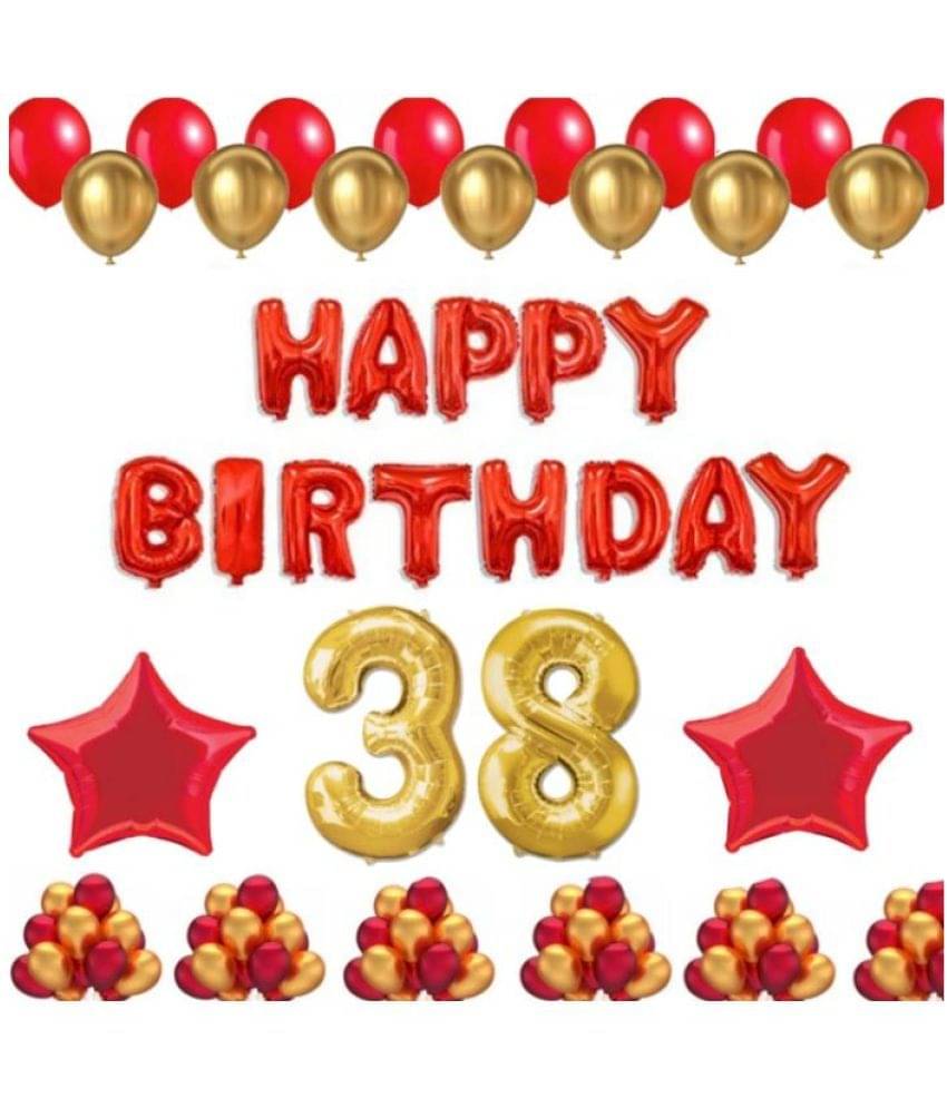 Blooms Event 1 Set Happy Birthday Foil Balloons (Red Color), 2 Pcs Red Foil Stars, 50 Pcs Metallic Balloons (Red & Golden),38 No. Foil Number Golden Blooms Event 1 Set Happy Birthday Foil Balloons (Red Color), 2 Pcs Red Foil Stars, 50 Pcs Metallic Balloons (Red & Golden),38 No. Foil Number Golden