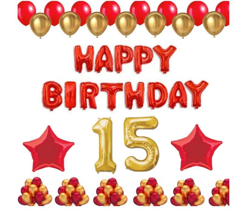     			Blooms Event 1 Set Happy Birthday Foil Balloons (Red Color), 2 Pcs Red Foil Stars, 50 Pcs Metallic Balloons (Red & Golden),15 No. Foil Number Golden