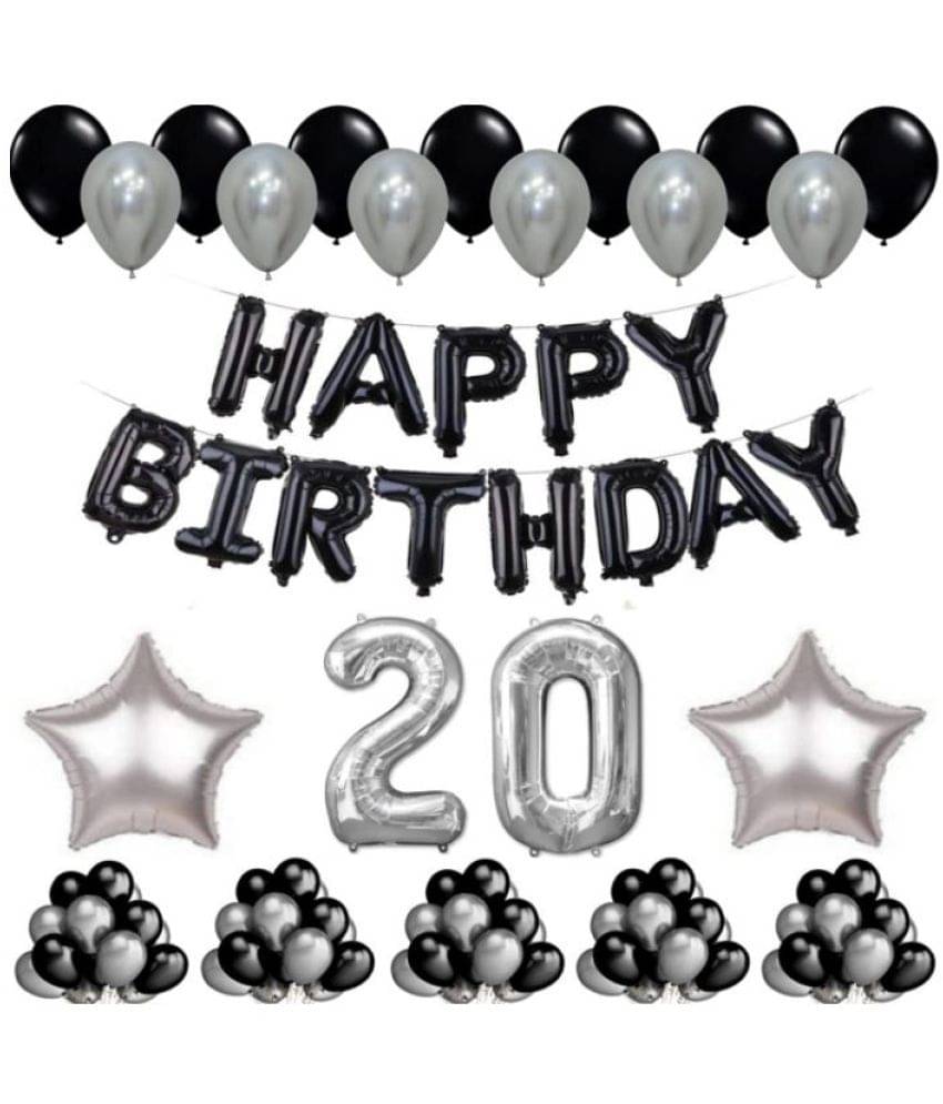 Blooms Event 1 Set Happy Birthday Foil Balloons Black Color , 2 Pcs silver Foil Star , 50 Pcs Metallic Balloons (Black & Silver ),20 No. Foil Number Silver Blooms Event 1 Set Happy Birthday Foil Balloons Black Color , 2 Pcs silver Foil Star , 50 Pcs Metallic Balloons (Black & Silver ),20 No. Foil Number Silver