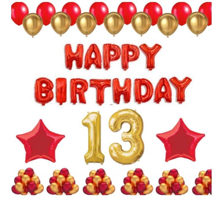     			Blooms Event 1 Set Happy Birthday Foil Balloons (Red Color), 2 Pcs Red Foil Stars, 50 Pcs Metallic Balloons (Red & Golden),13No. Foil Number Golden
