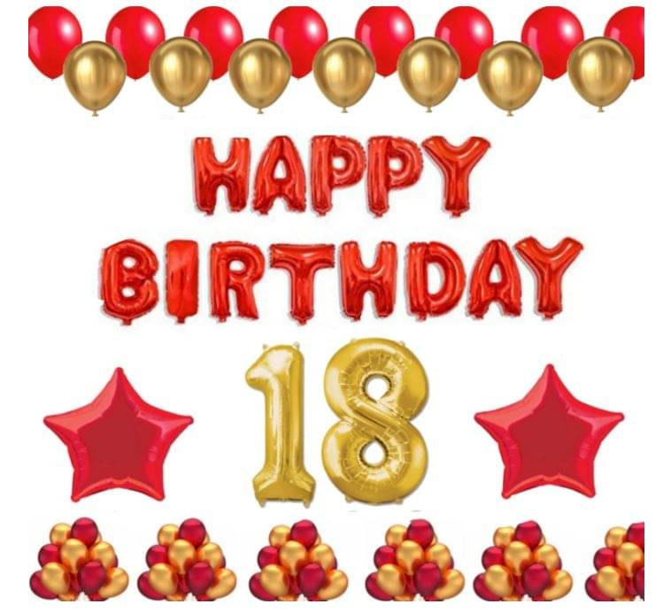     			Blooms Event 1 Set Happy Birthday Foil Balloons (Red Color), 2 Pcs Red Foil Stars, 50 Pcs Metallic Balloons (Red & Golden), 18 No. Foil Number Golden