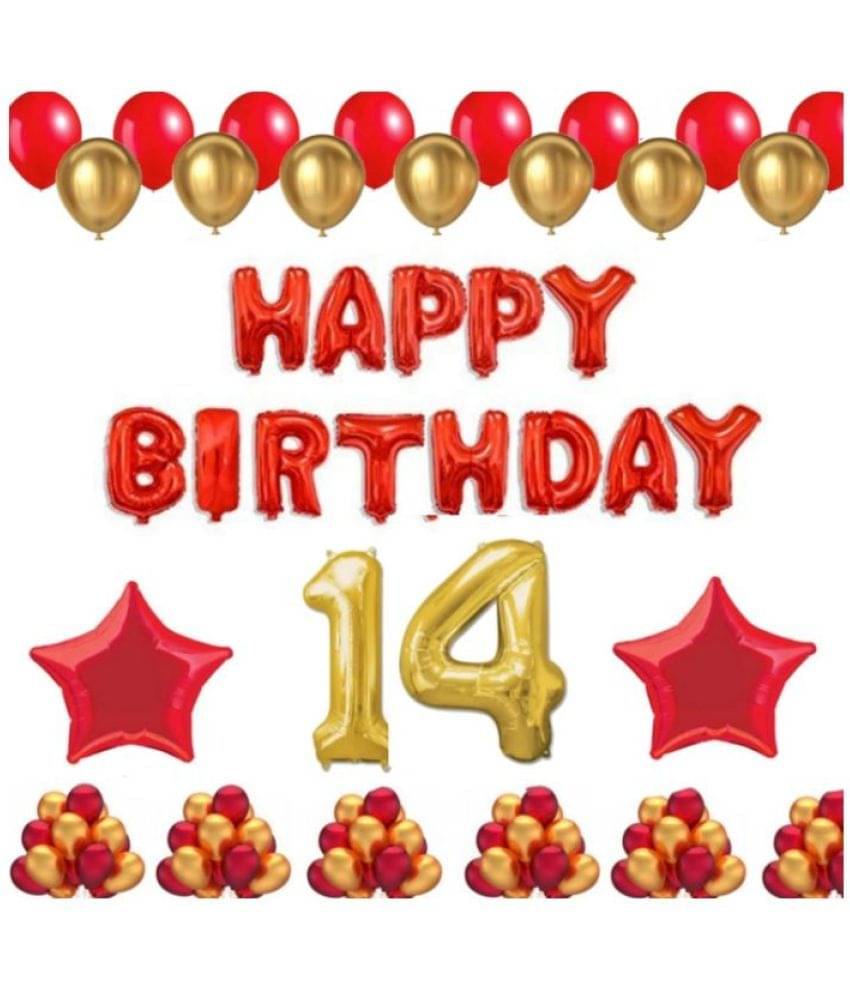     			Blooms Event 1 Set Happy Birthday Foil Balloons (Red Color), 2 Pcs Red Foil Stars, 50 Pcs Metallic Balloons (Red & Golden), 14No. Foil Number Golden