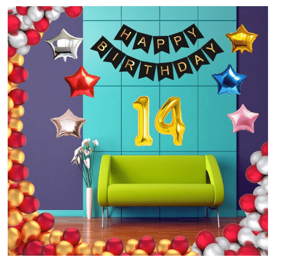     			Blooms Event 1 Set Happy Birthday Banner     Black Color ,  1 Gold ,1 Silver ,1 Red ,1 Royal Blue ,1 Pink & 1 Rose Gold Star shape Foil Balloons, 30 HD Metallic Gold , Silver & Red Balloons , 14No. Foil Number Silver
