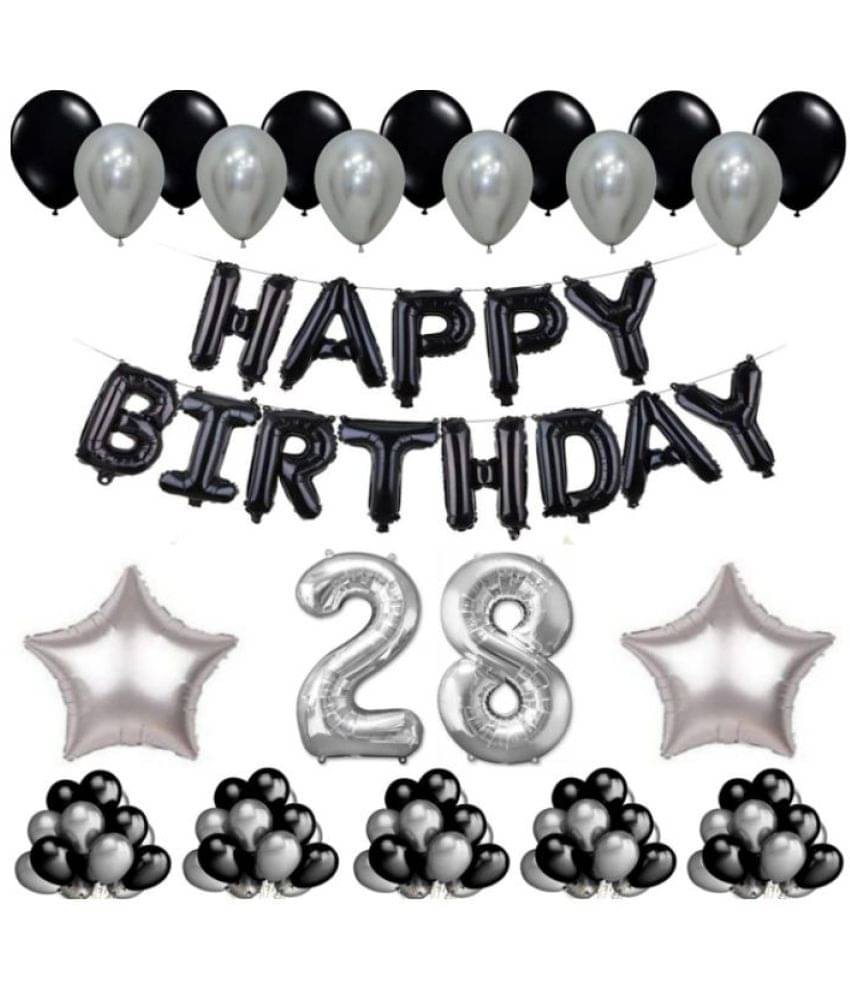 Blooms Event 1 Set Happy Birthday Foil Balloons Black Color , 2 Pcs silver Foil Star , 50 Pcs Metallic Balloons (Black & Silver ),28 No. Foil Number Silver Blooms Event 1 Set Happy Birthday Foil Balloons Black Color , 2 Pcs silver Foil Star , 50 Pcs Metallic Balloons (Black & Silver ),28 No. Foil Number Silver