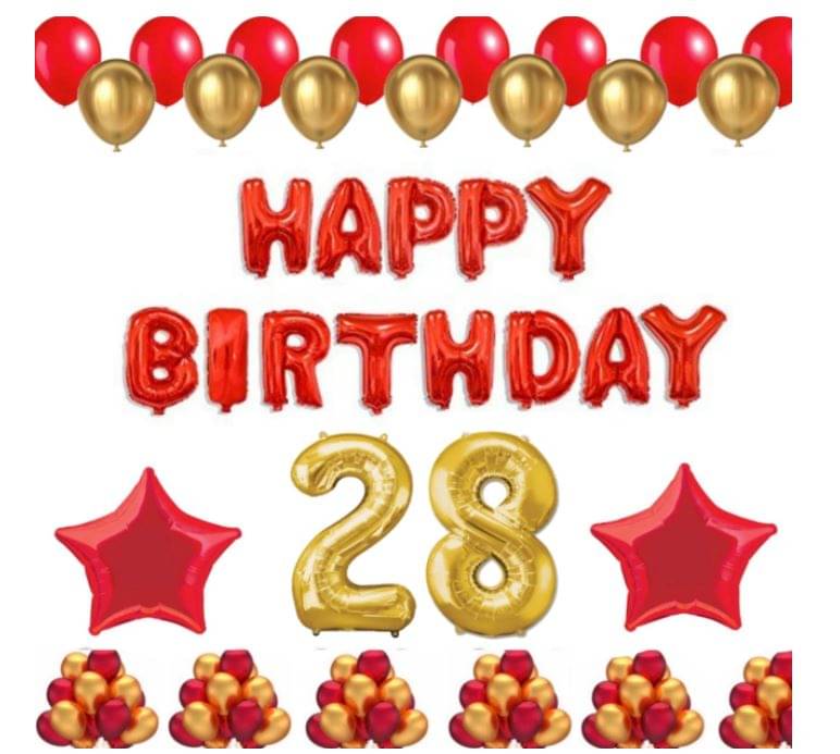 Blooms Event 1 Set Happy Birthday Foil Balloons (Red Color), 2 Pcs Red Foil Stars, 50 Pcs Metallic Balloons (Red & Golden),28 No. Foil Number Golden Blooms Event 1 Set Happy Birthday Foil Balloons (Red Color), 2 Pcs Red Foil Stars, 50 Pcs Metallic Balloons (Red & Golden),28 No. Foil Number Golden
