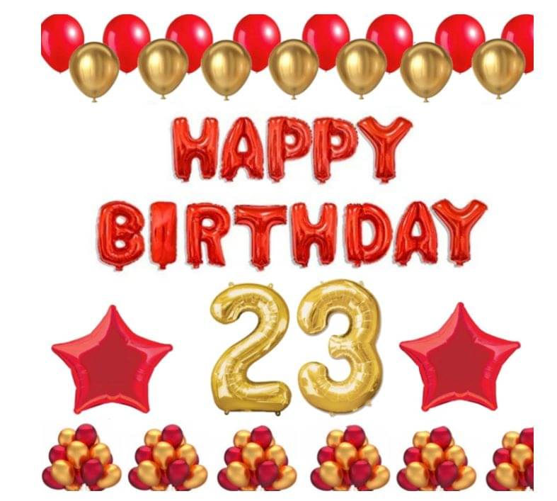    			Blooms Event 1 Set Happy Birthday Foil Balloons (Red Color), 2 Pcs Red Foil Stars, 50 Pcs Metallic Balloons (Red & Golden),23 No. Foil Number Golden