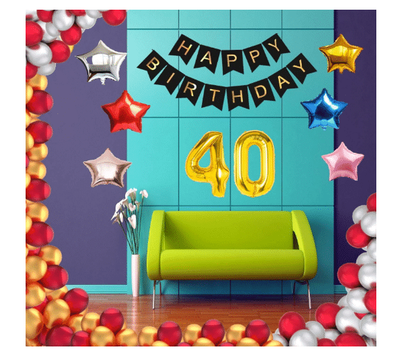     			Blooms Event 1 Set Happy Birthday Banner     Black Color ,  1 Gold ,1 Silver ,1 Red ,1 Royal Blue ,1 Pink & 1 Rose Gold Star shape Foil Balloons, 30 HD Metallic Gold , Silver & Red Balloons ,4 0   No. Foil Number Silver