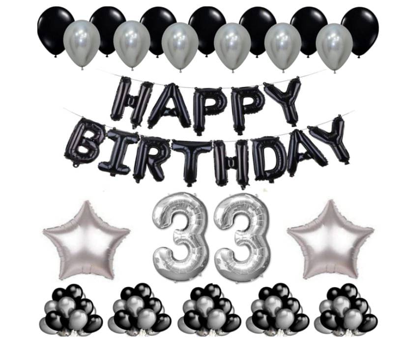     			Blooms Event 1 Set Happy Birthday Foil Balloons     Black Color , 2 Pcs silver  Foil Star , 50 Pcs Metallic Balloons   (Black &  Silver ),33 No. Foil Number Silver