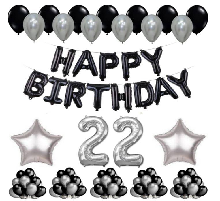 Blooms Event 1 Set Happy Birthday Foil Balloons Black Color , 2 Pcs silver Foil Star , 50 Pcs Metallic Balloons (Black & Silver ),22 No. Foil Number Silver Blooms Event 1 Set Happy Birthday Foil Balloons Black Color , 2 Pcs silver Foil Star , 50 Pcs Metallic Balloons (Black & Silver ),22 No. Foil Number Silver