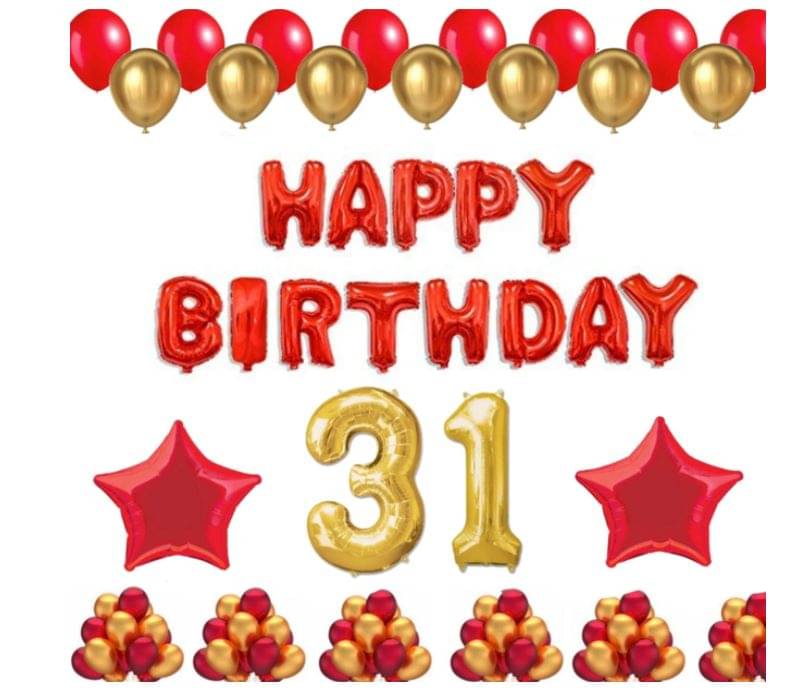    			Blooms Event 1 Set Happy Birthday Foil Balloons (Red Color), 2 Pcs Red Foil Stars, 50 Pcs Metallic Balloons (Red & Golden), 3 1 No. Foil Number Golden