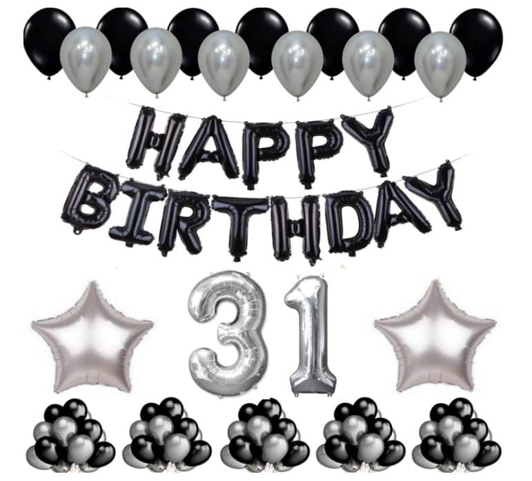     			Blooms Event 1 Set Happy Birthday Foil Balloons     Black Color , 2 Pcs silver  Foil Star , 50 Pcs Metallic Balloons   (Black &  Silver ), 3 1 No. Foil Number Silver