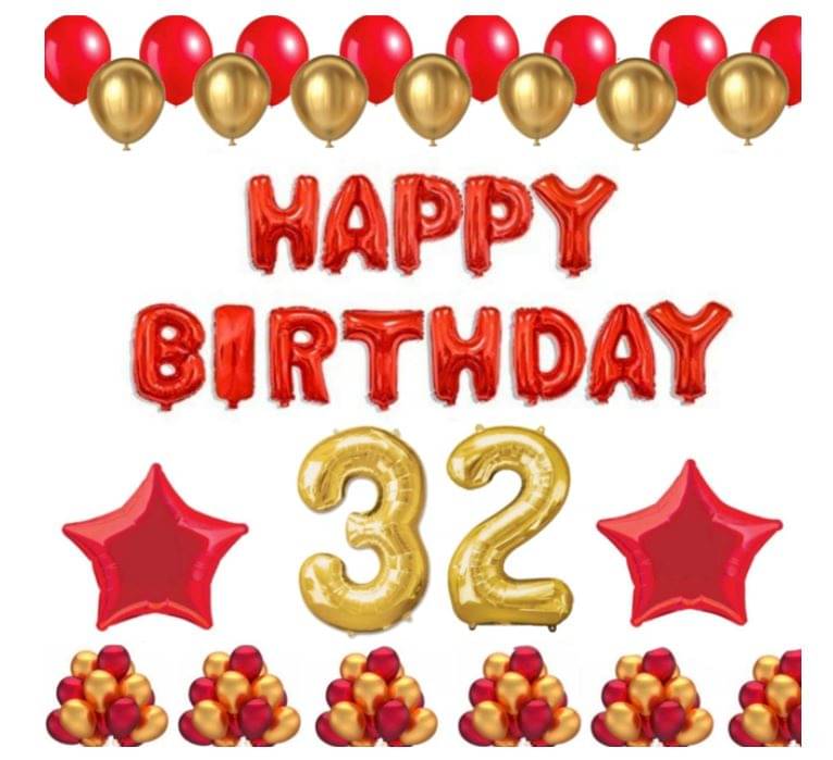     			Blooms Event 1 Set Happy Birthday Foil Balloons (Red Color), 2 Pcs Red Foil Stars, 50 Pcs Metallic Balloons (Red & Golden),3 2   No. Foil Number Golden