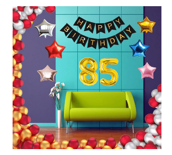     			Blooms Event 1 Set Happy Birthday Banner     Black Color ,  1 Gold ,1 Silver ,1 Red ,1 Royal Blue ,1 Pink & 1 Rose Gold Star shape Foil Balloons, 30 HD Metallic Gold , Silver & Red Balloons ,8 5 No. Foil Number Silver