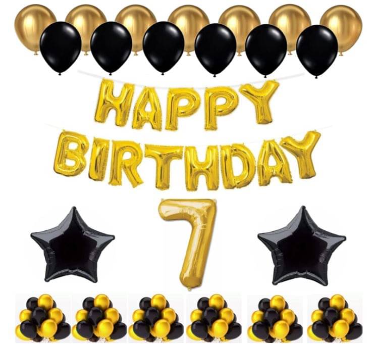 Blooms Event 1 Set Happy Birthday Foil Balloons (Golden Color, 2 PcsBlack Foil Star , 50 Pcs Metallic Balloons (Black & Golden),7 No. Foil Number Golden Blooms Event 1 Set Happy Birthday Foil Balloons (Golden Color, 2 PcsBlack Foil Star , 50 Pcs Metallic Balloons (Black & Golden),7 No. Foil Number Golden