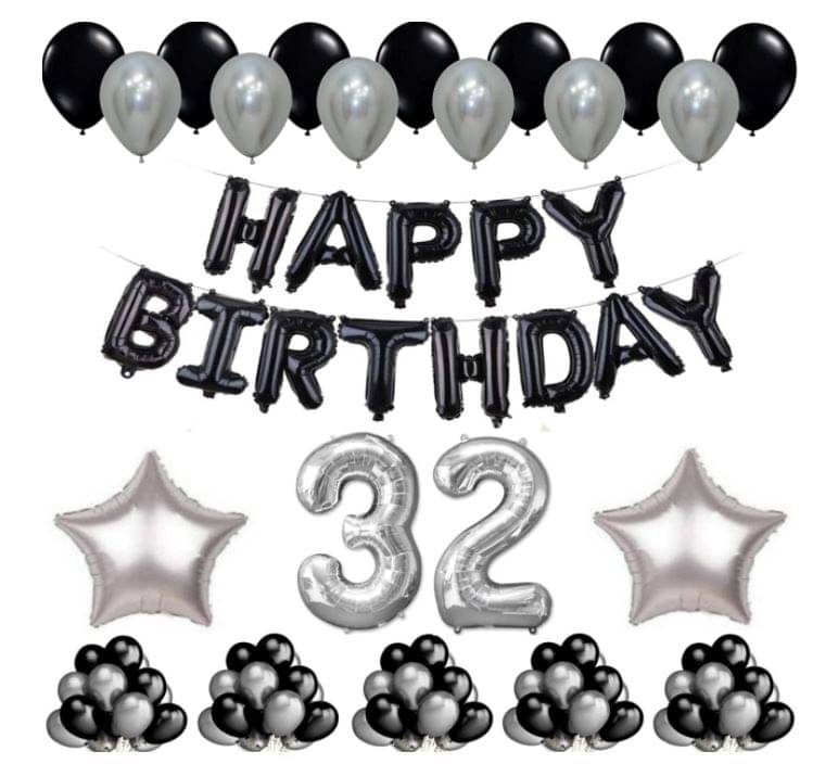     			Blooms Event 1 Set Happy Birthday Foil Balloons     Black Color , 2 Pcs silver  Foil Star , 50 Pcs Metallic Balloons   (Black &  Silver ),3 2   No. Foil Number Silver