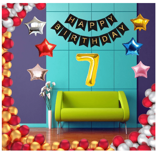    			Blooms Event 1 Set Happy Birthday Banner     Black Color ,  1 Gold ,1 Silver ,1 Red ,1 Royal Blue ,1 Pink & 1 Rose Gold Star shape Foil Balloons, 30 HD Metallic Gold , Silver & Red Balloons ,7 No. Foil Number Silver