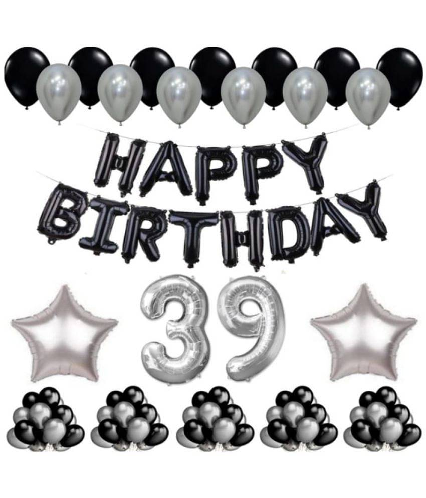     			Blooms Event 1 Set Happy Birthday Foil Balloons     Black Color , 2 Pcs silver  Foil Star , 50 Pcs Metallic Balloons   (Black &  Silver ),39 No. Foil Number Silver