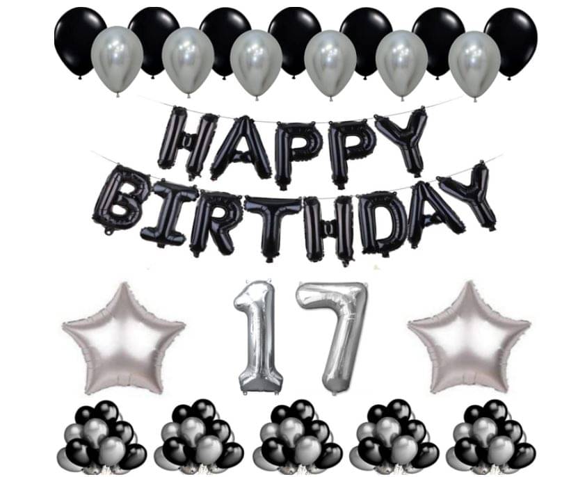 Blooms Event 1 Set Happy Birthday Foil Balloons     Black Color , 2 Pcs silver  Foil Star , 50 Pcs Metallic Balloons   (Black &  Silver ), 17 No. Foil Number Silver     			Blooms Event 1 Set Happy Birthday Foil Balloons     Black Color , 2 Pcs silver  Foil Star , 50 Pcs Metallic Balloons   (Black &  Silver ), 17 No. Foil Number Silver