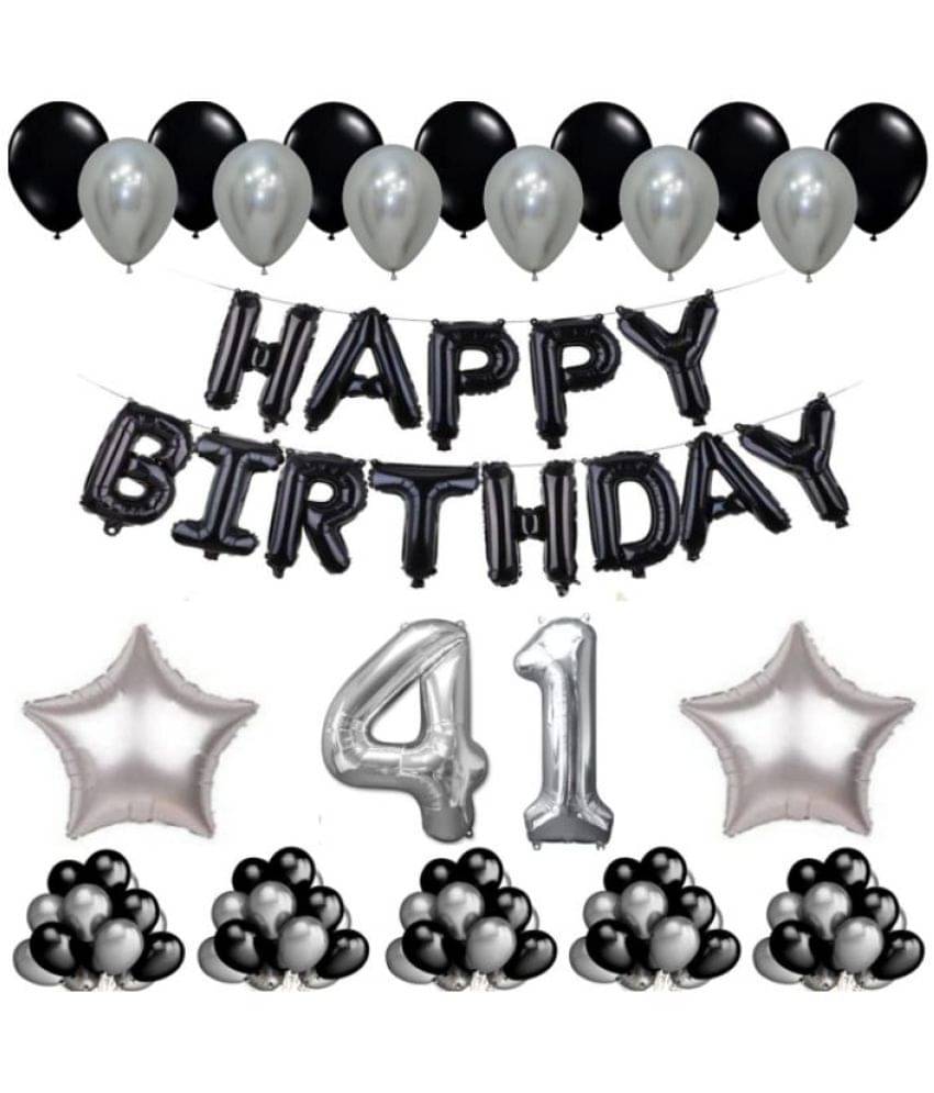     			Blooms Event 1 Set Happy Birthday Foil Balloons     Black Color , 2 Pcs silver  Foil Star , 50 Pcs Metallic Balloons   (Black &  Silver ), 41 No. Foil Number Silver