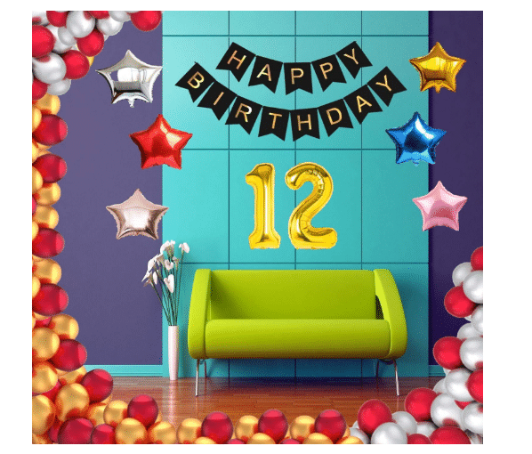     			Blooms Event 1 Set Happy Birthday Banner     Black Color ,  1 Gold ,1 Silver ,1 Red ,1 Royal Blue ,1 Pink & 1 Rose Gold Star shape Foil Balloons, 30 HD Metallic Gold , Silver & Red Balloons ,12 No. Foil Number Silver