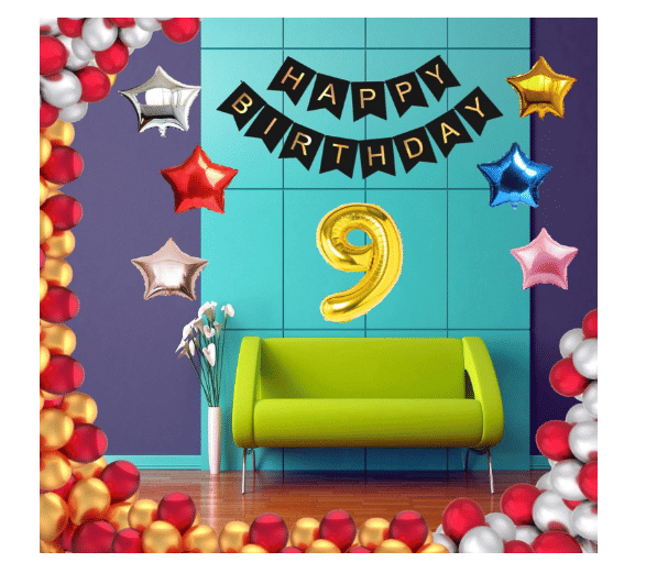     			Blooms Event 1 Set Happy Birthday Banner     Black Color ,  1 Gold ,1 Silver ,1 Red ,1 Royal Blue ,1 Pink & 1 Rose Gold Star shape Foil Balloons, 30 HD Metallic Gold , Silver & Red Balloons ,9 No. Foil Number Silver