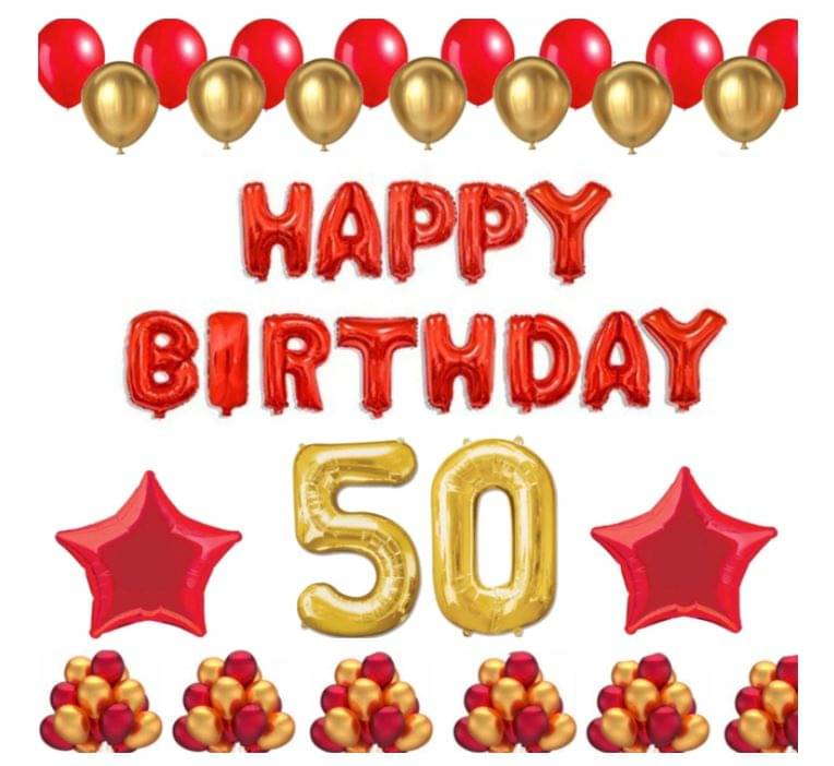     			Blooms Event 1 Set Happy Birthday Foil Balloons (Red Color), 2 Pcs Red Foil Stars, 50 Pcs Metallic Balloons (Red & Golden),50 No. Foil Number Golden