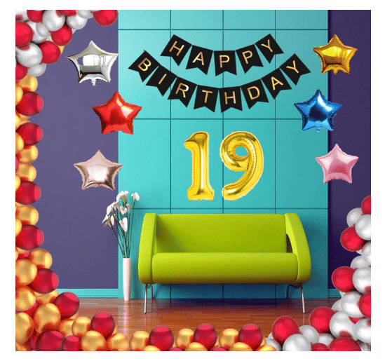     			Blooms Event 1 Set Happy Birthday Banner     Black Color ,  1 Gold ,1 Silver ,1 Red ,1 Royal Blue ,1 Pink & 1 Rose Gold Star shape Foil Balloons, 30 HD Metallic Gold , Silver & Red Balloons , 19 No. Foil Number Silver
