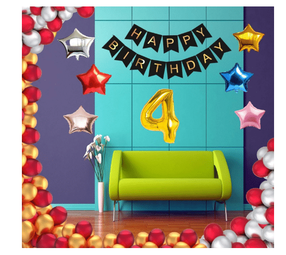     			Blooms Event 1 Set Happy Birthday Banner     Black Color ,  1 Gold ,1 Silver ,1 Red ,1 Royal Blue ,1 Pink & 1 Rose Gold Star shape Foil Balloons, 30 HD Metallic Gold , Silver & Red Balloons ,4 No. Foil Number Golden