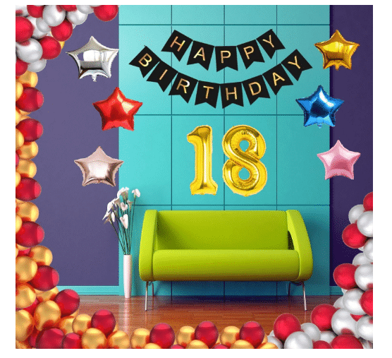     			Blooms Event 1 Set Happy Birthday Banner     Black Color ,  1 Gold ,1 Silver ,1 Red ,1 Royal Blue ,1 Pink & 1 Rose Gold Star shape Foil Balloons, 30 HD Metallic Gold , Silver & Red Balloons , 18 No. Foil Number Silver
