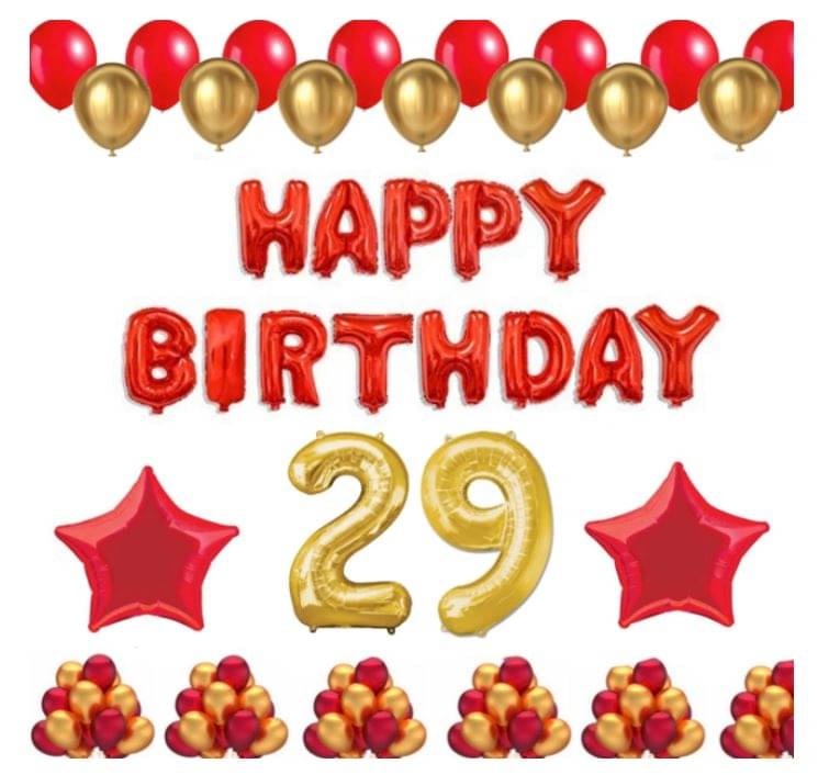 Blooms Event 1 Set Happy Birthday Foil Balloons (Red Color), 2 Pcs Red Foil Stars, 50 Pcs Metallic Balloons (Red & Golden),29  No. Foil Number Golden     			Blooms Event 1 Set Happy Birthday Foil Balloons (Red Color), 2 Pcs Red Foil Stars, 50 Pcs Metallic Balloons (Red & Golden),29  No. Foil Number Golden