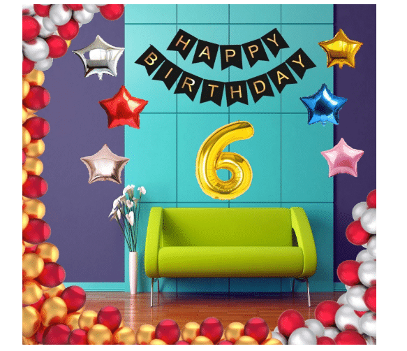     			Blooms Event 1 Set Happy Birthday Banner     Black Color ,  1 Gold ,1 Silver ,1 Red ,1 Royal Blue ,1 Pink & 1 Rose Gold Star shape Foil Balloons, 30 HD Metallic Gold , Silver & Red Balloons ,6 No. Foil Number Silver