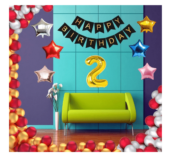     			Blooms Event 1 Set Happy Birthday Banner     Black Color ,  1 Gold ,1 Silver ,1 Red ,1 Royal Blue ,1 Pink & 1 Rose Gold Star shape Foil Balloons, 30 HD Metallic Gold , Silver & Red Balloons ,2 No. Foil Number Golden