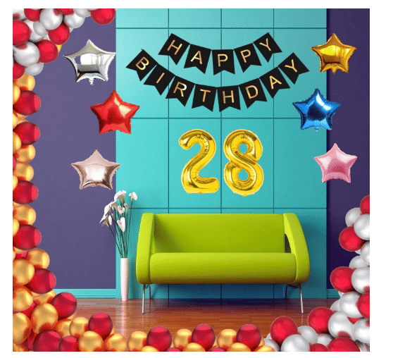     			Blooms Event 1 Set Happy Birthday Banner     Black Color ,  1 Gold ,1 Silver ,1 Red ,1 Royal Blue ,1 Pink & 1 Rose Gold Star shape Foil Balloons, 30 HD Metallic Gold , Silver & Red Balloons ,28  No. Foil Number Silver